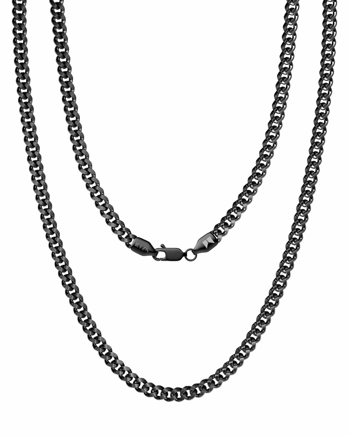 A double-layered black metal chain necklace with a curb link design and a spring ring clasp, displayed against a solid white background.