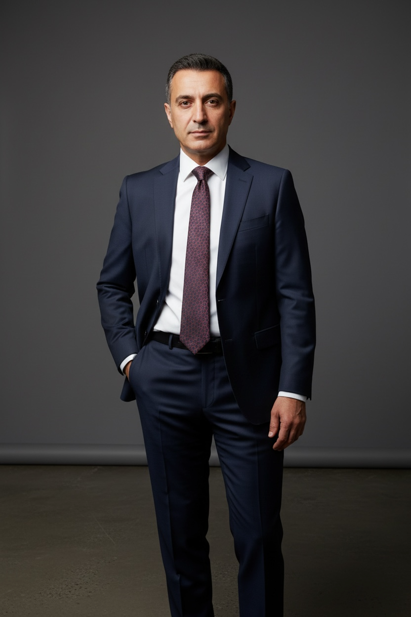 Man wearing a dark suit with a red tie against a gray background