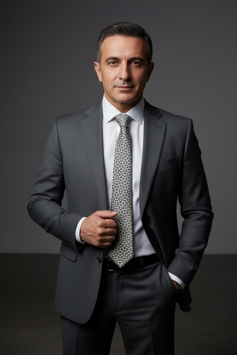 man in suit in tie with grey background