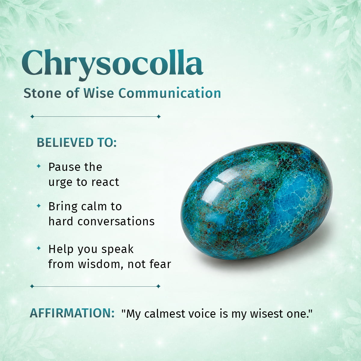 A polished oval chrysocolla stone in turquoise and blue-green tones on a pale mint background with printed text describing it as the 'Stone of Wise Communication' and an affirmation.