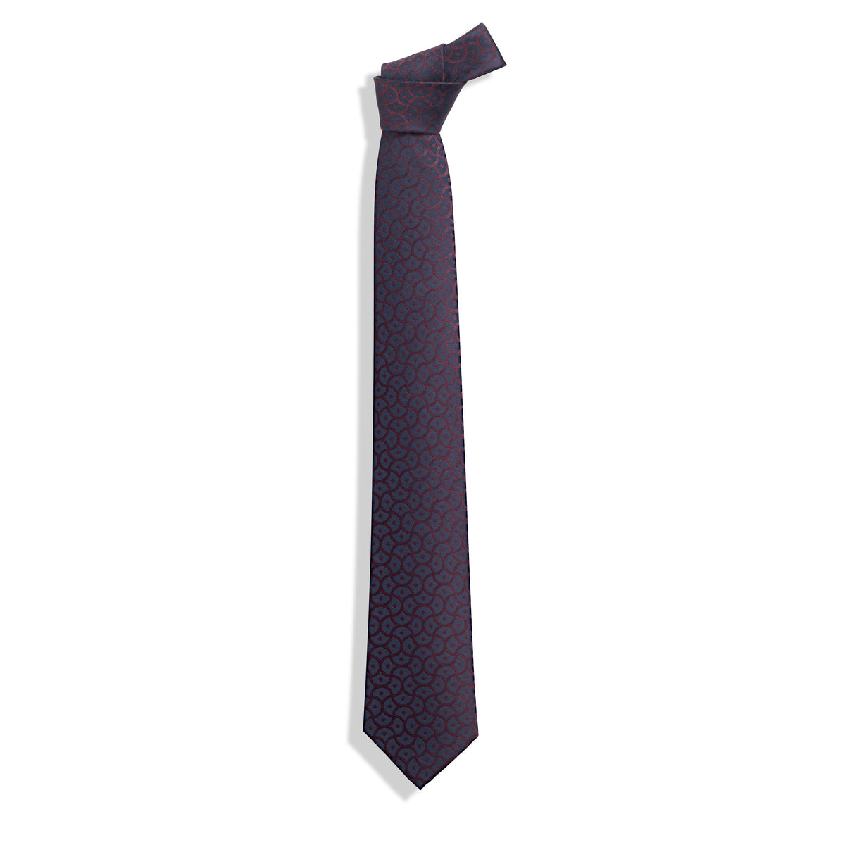 A dark purple necktie with a repeating geometric pattern in a slightly lighter purple, shown on a plain white background.