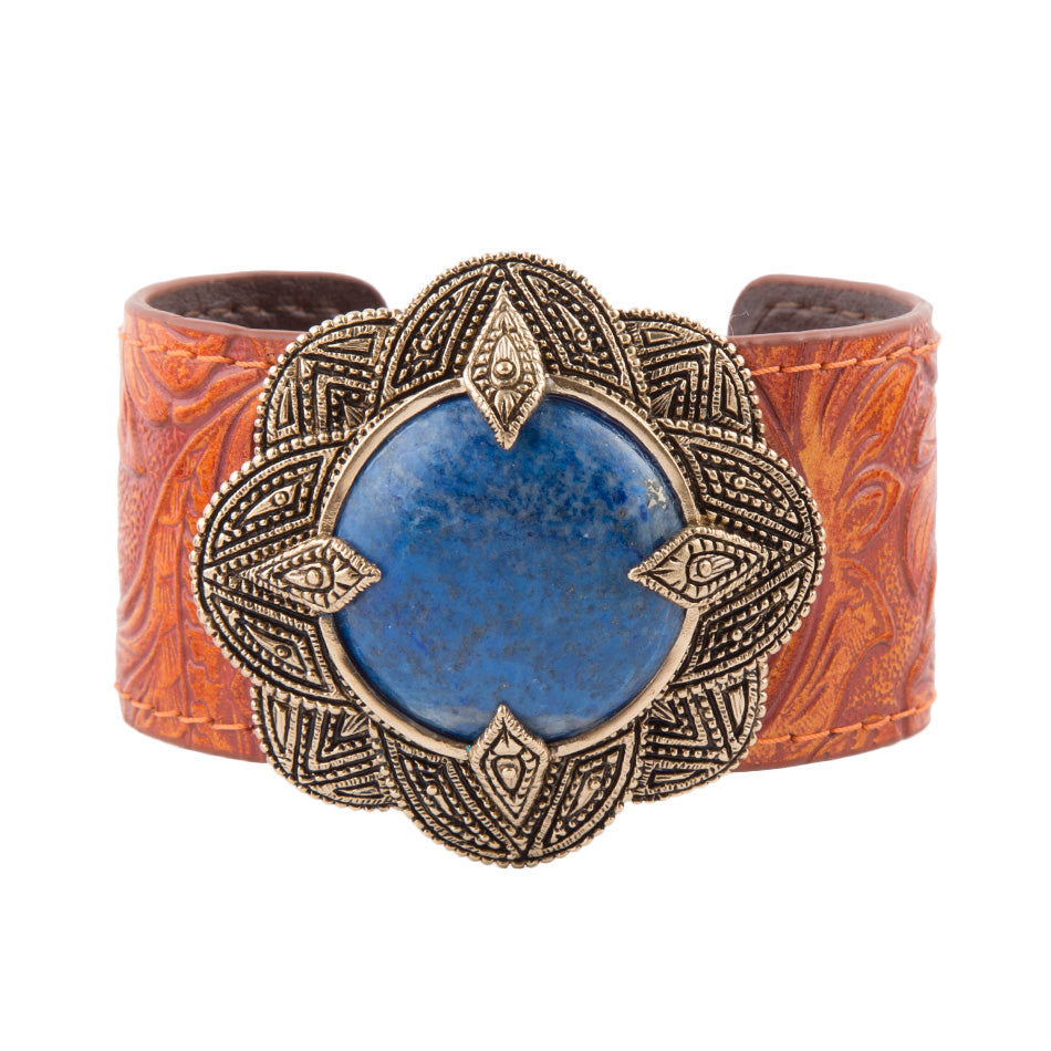 cuff leather bracelet with blue stone white background
