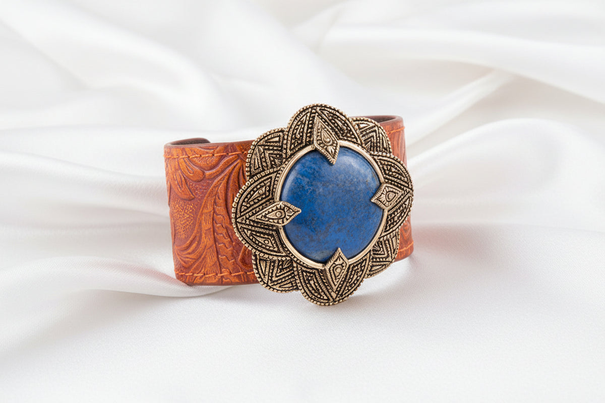 Brown leather cuff with decorative metal and blue stone on a white silky background
