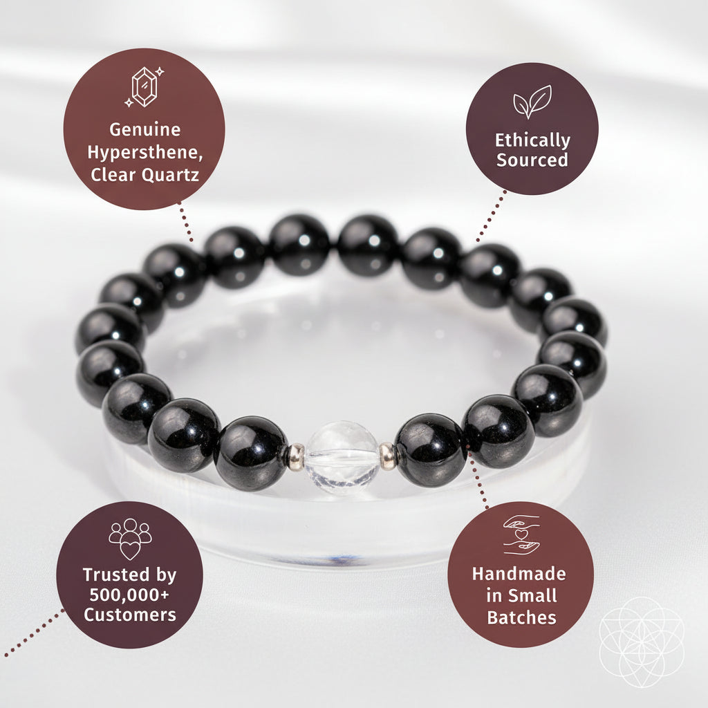 black and clear bead bracelet on white background with purple circle information bubbles