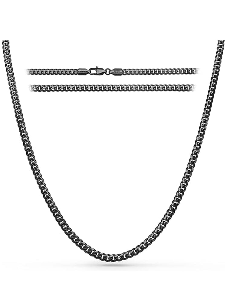 A dark gunmetal gray metallic chain necklace with a curb link design, displayed on a clean white background with two horizontal close-up detail views of the clasp and chain.