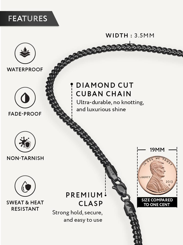 Black diamond cut Cuban chain necklace with features highlighted on a white background