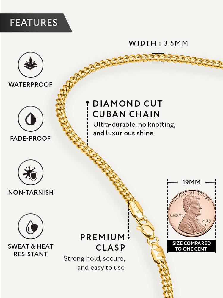 Gold chain with features highlighted on a white background