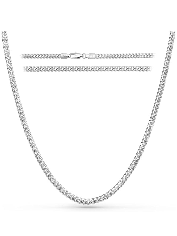 A silver-toned Cuban link chain necklace displayed on a clean white background, with two horizontal close-up views of the chain and clasp shown above the main draped necklace.