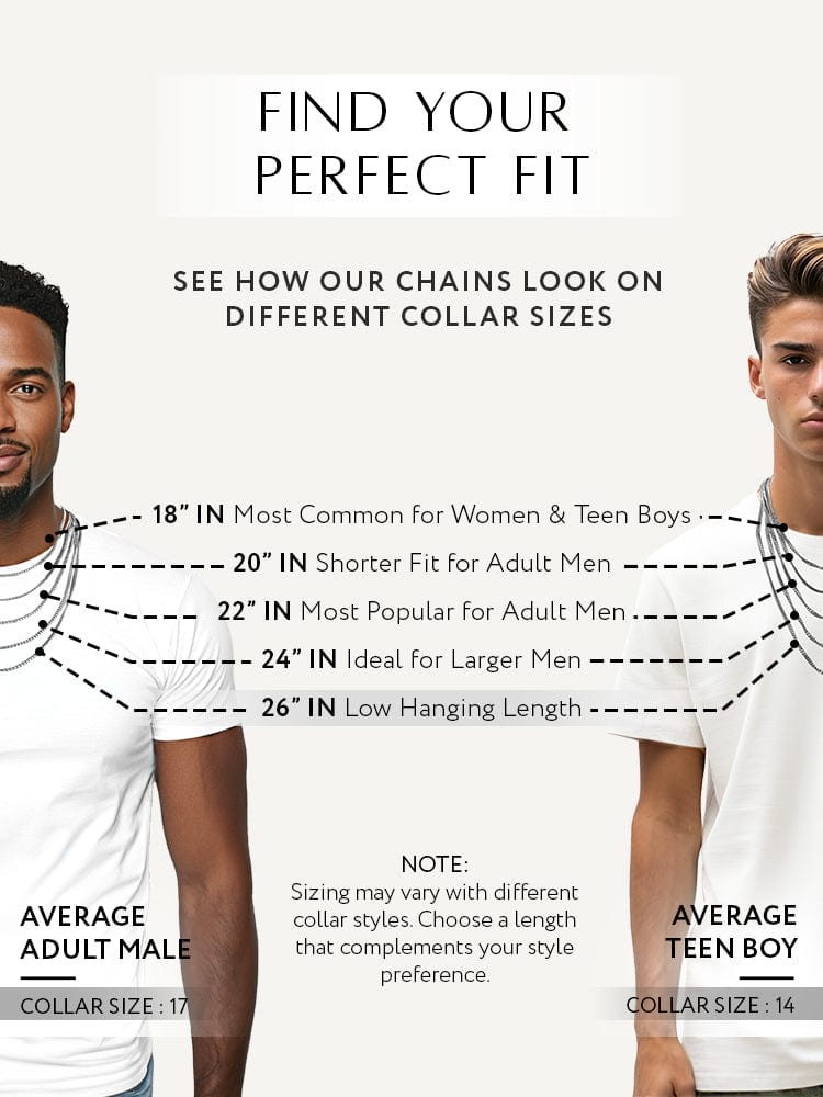 Chart showing how neck chains look on different collar sizes with two models wearing chains.