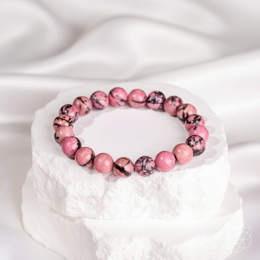 A beaded stretch bracelet made of pink and black marbled round beads, displayed on a white textured pedestal in the background.