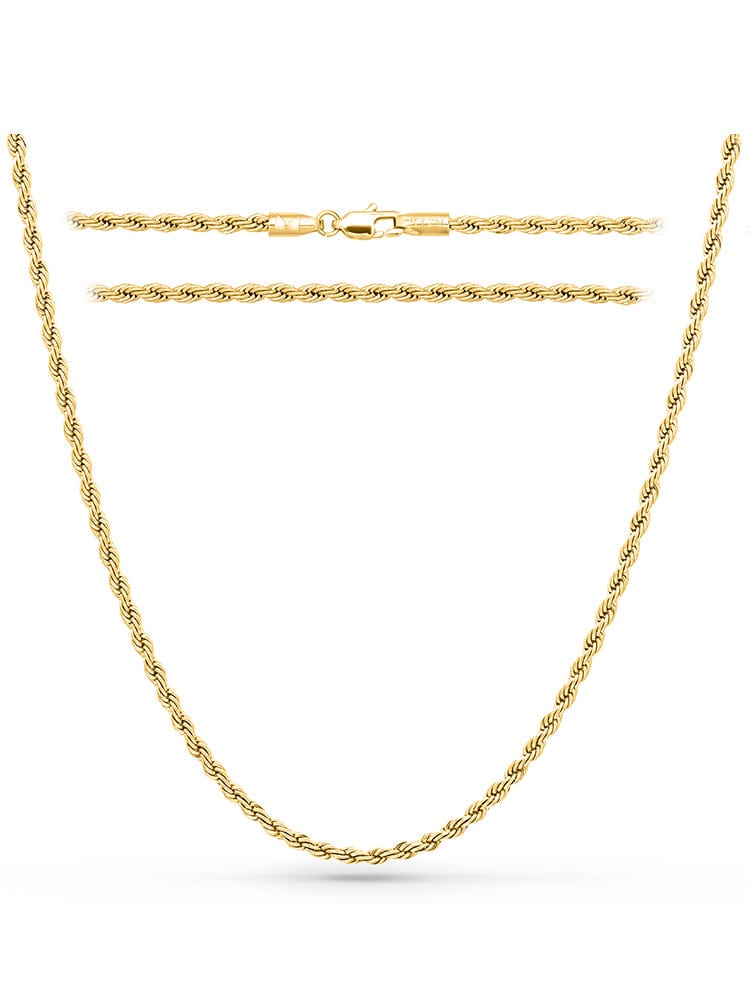 Gold rope chain necklace on a white background