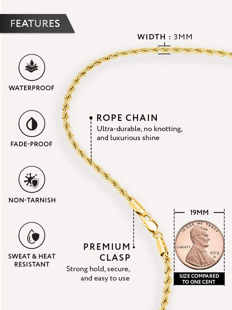 Gold rope chain necklace with features listed on a white background