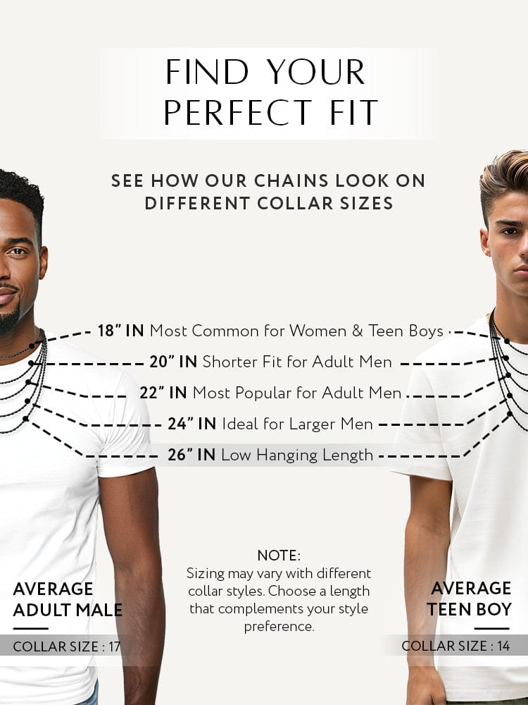 Chart showing how neck chains look on different collar sizes with two models wearing chains.