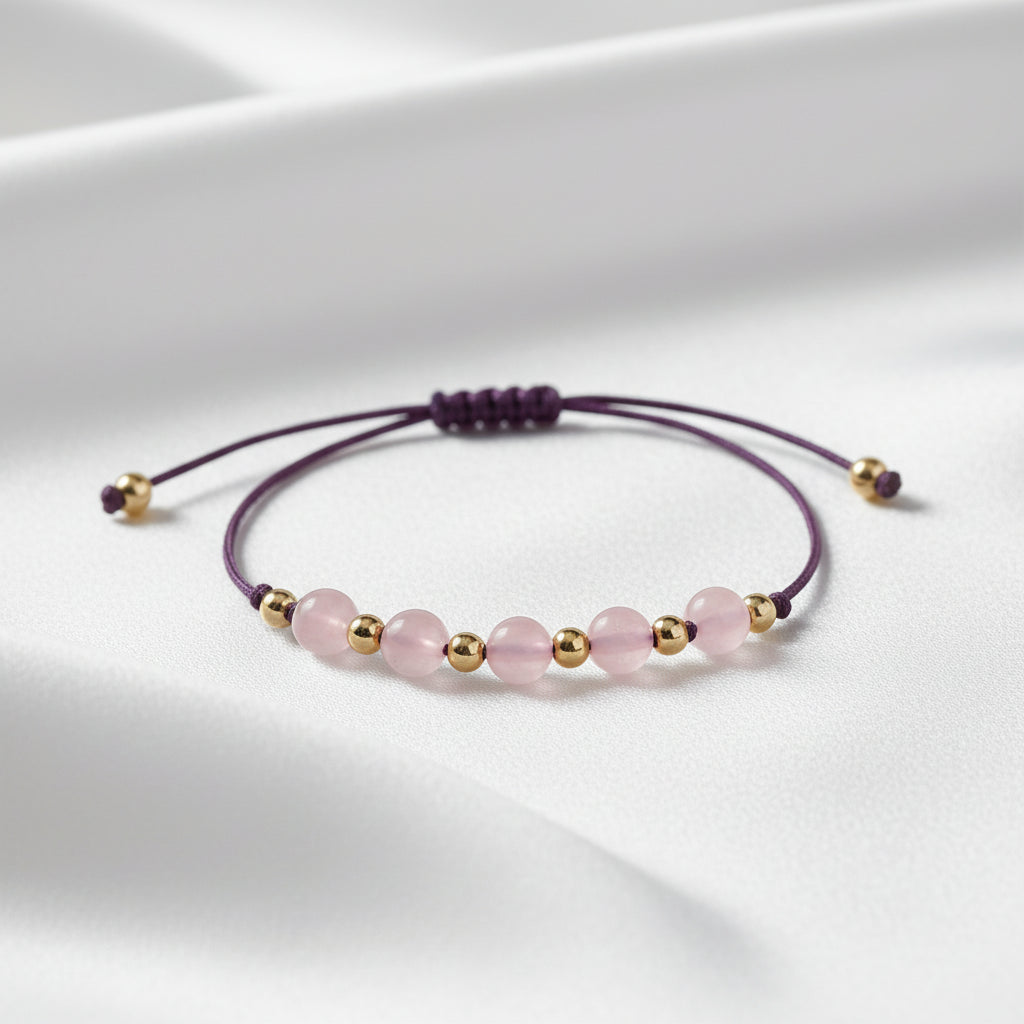 Lavender purple beaded bracelet with gold accents on a silky white background
