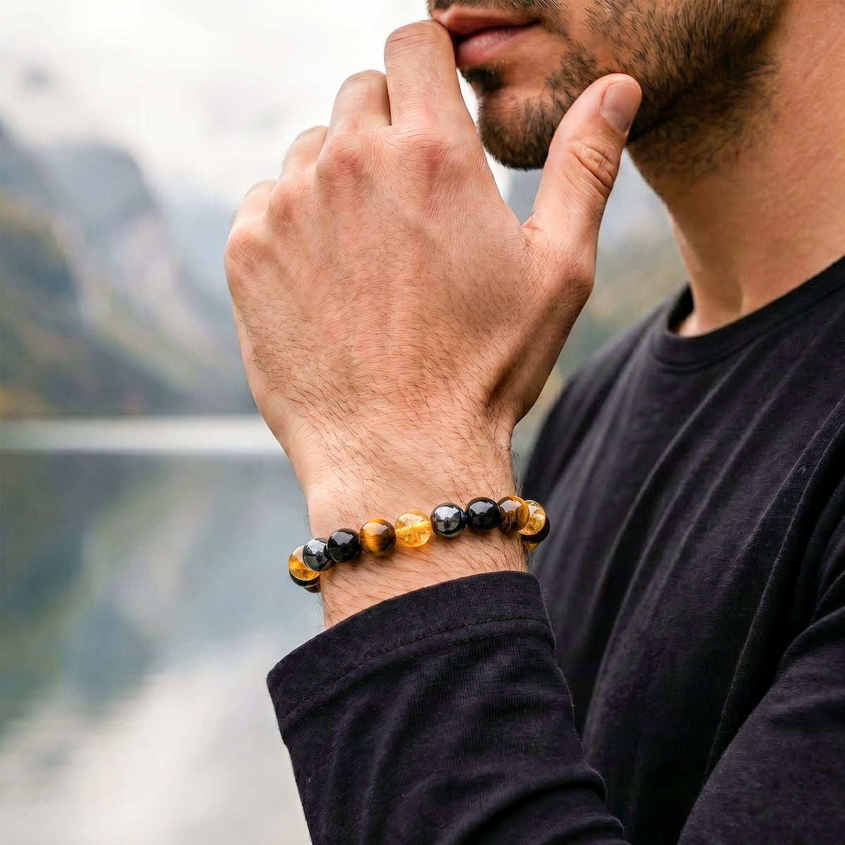 Black Obsidian, Hematite, Tiger Eye & Citrine Bracelet