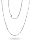 A silver box chain necklace with a lobster clasp and a small rectangular brand tag engraved with 'BURTI', displayed on a clean white background.