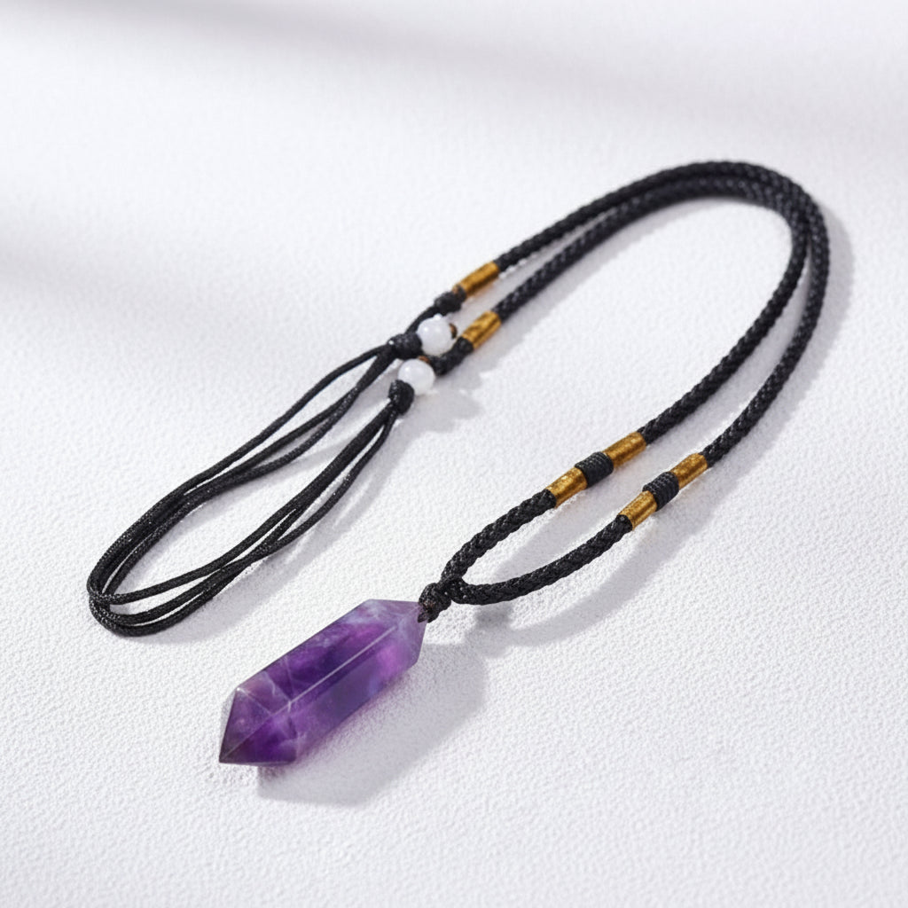 A black braided cord necklace with a polished purple amethyst crystal point pendant, accented with small gold and white beads, displayed on a white textured surface.