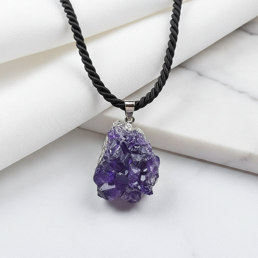 A raw amethyst crystal cluster pendant necklace with a silver bail and black braided cord, displayed on a white textured surface.