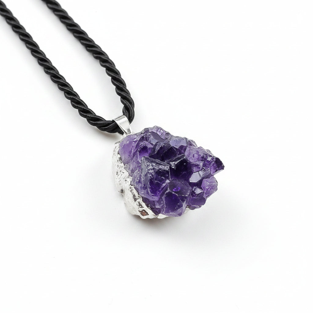 A raw amethyst crystal cluster pendant on a black twisted cord necklace, displayed on a white textured background.