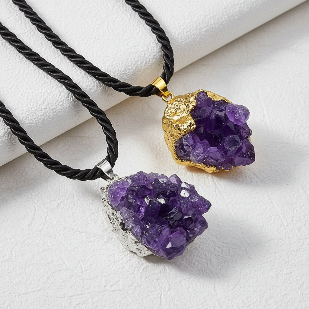 Two raw amethyst crystal cluster pendants on black braided cords, one with gold-toned metal caps and one with silver-toned metal caps, displayed on a white textured surface.