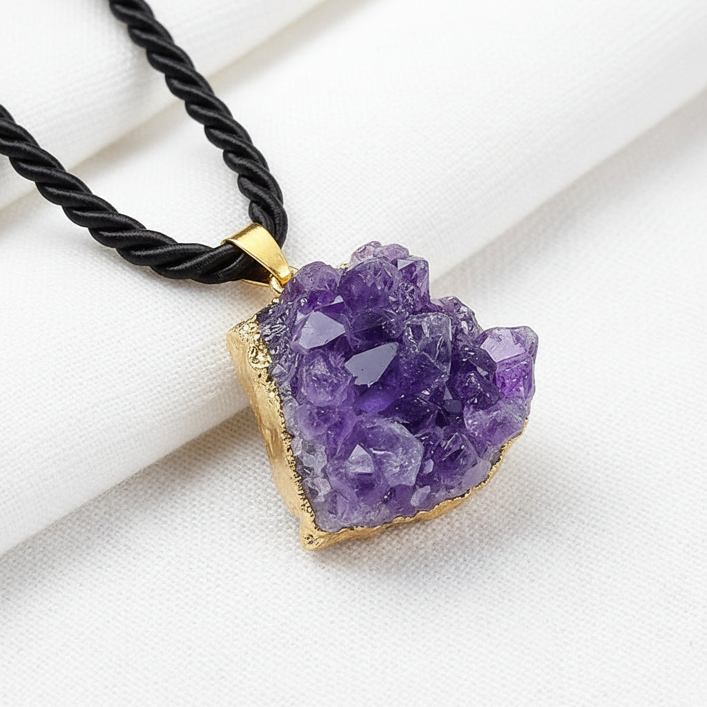 A raw amethyst crystal cluster pendant with a gold-toned metal base, hanging from a black braided cord necklace on a white textured background.