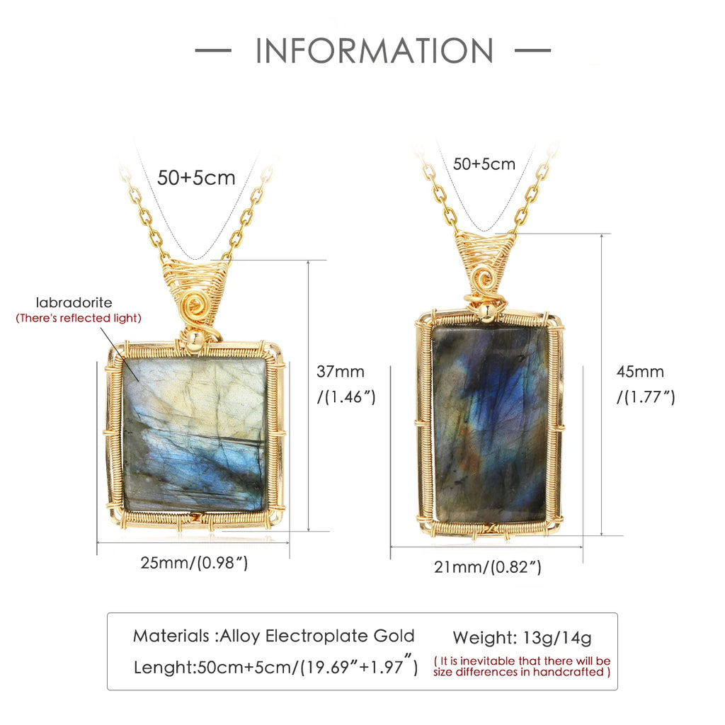 Information diagram showing two gold pendant necklaces with Labradorite stones, labeled with dimensions, materials, and weight on a white background.