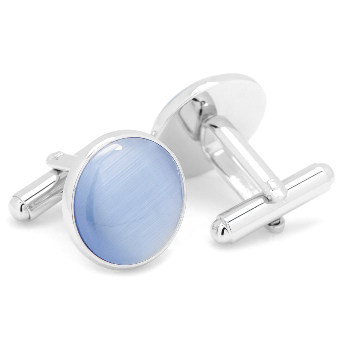 showing front and back of blue cufflinks and white background