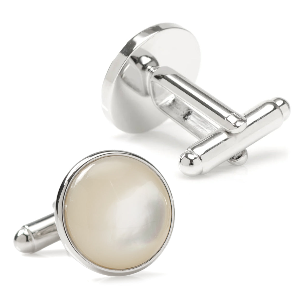 Silver cufflinks with a round, beige stone on a white background