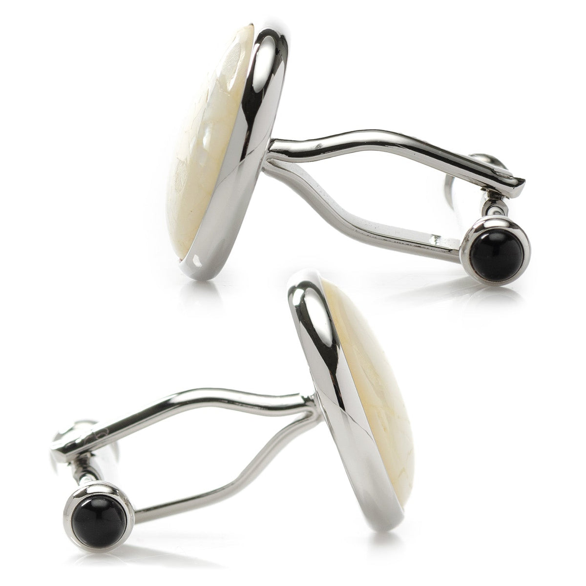 Pair of silver cufflinks with black gemstones on a white background