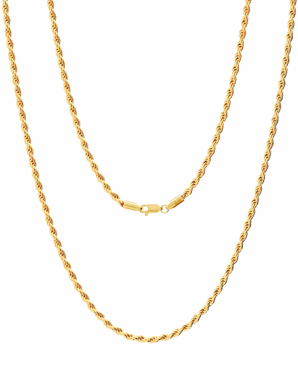 A gold rope chain necklace with a lobster clasp, displayed against a solid white background.
