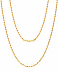 A gold rope chain necklace with a lobster clasp, displayed against a solid white background.