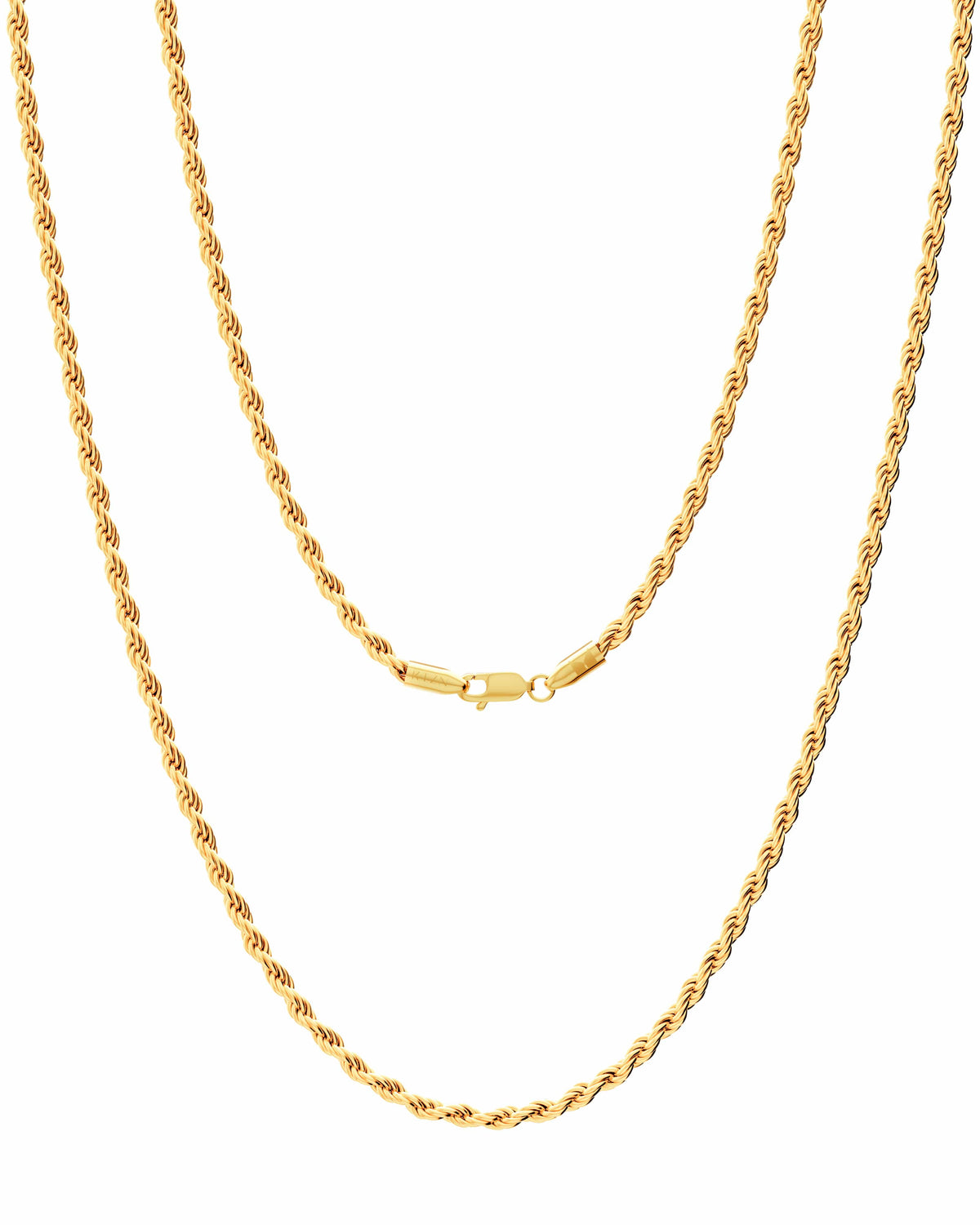 A gold rope chain necklace with a lobster clasp, displayed against a solid white background.
