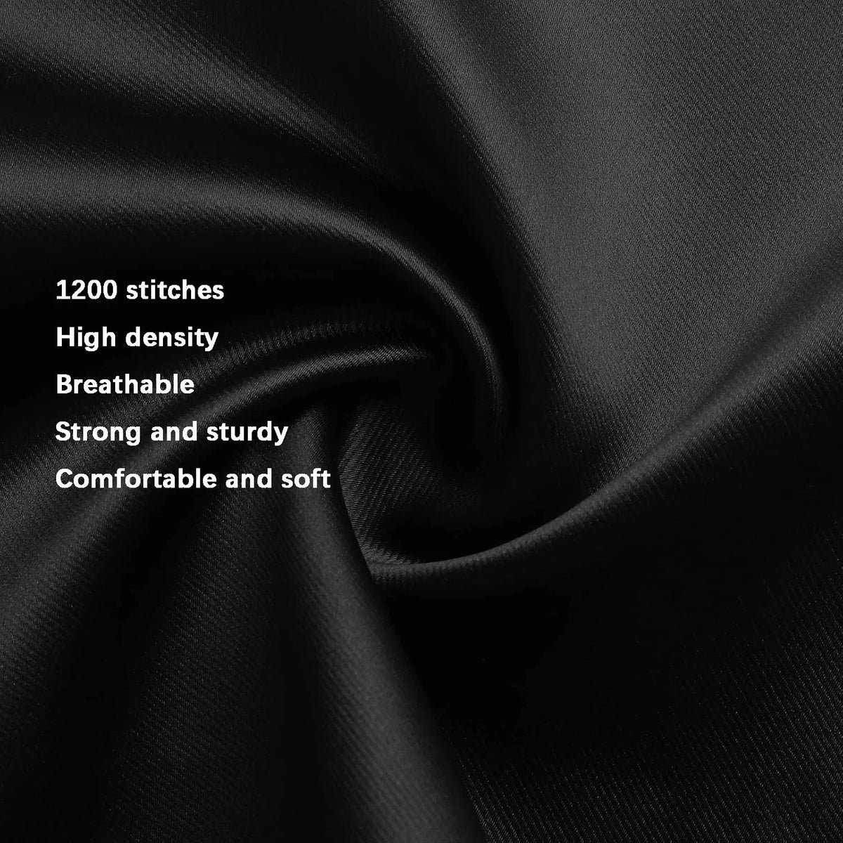 Black fabric close-up with a central swirl showing its smooth texture and sheen, with white text on the left reading '1200 stitches, High density, Breathable, Strong and sturdy, Comfortable and soft.'.