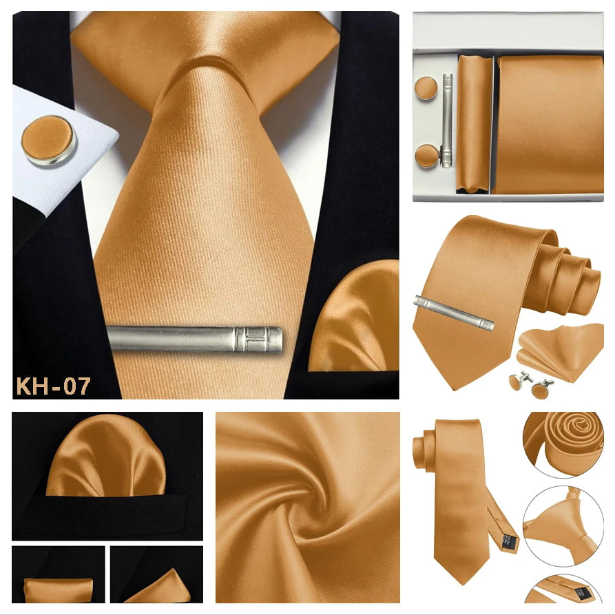 A men's formal accessory set in a warm champagne-gold satin fabric, including a necktie, matching pocket square, dress shirt cuff, tie bar, and cufflinks, shown in multiple product views and detail close-ups on a white background.
