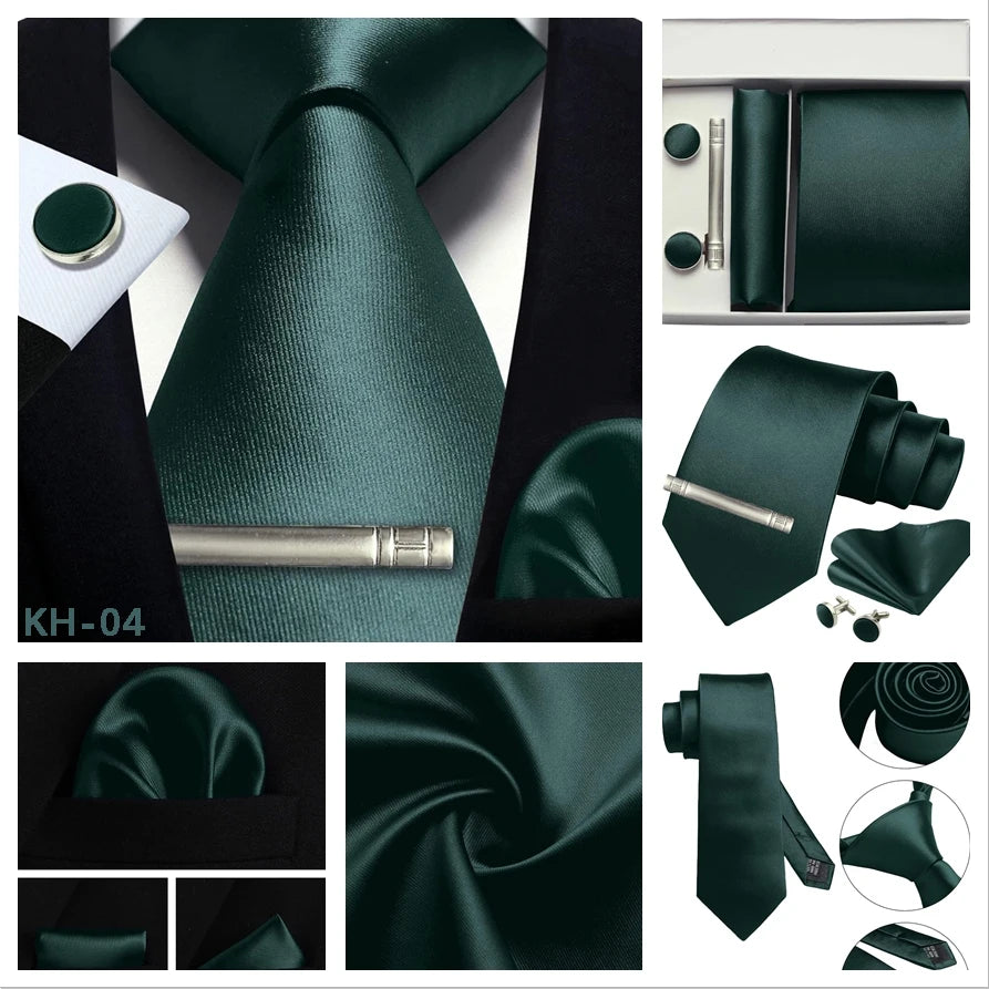 A men's formal accessory set in dark forest green satin, including a necktie, pocket square, cufflinks, watch tie, belt buckle, and a silver tie bar, shown in a multi-view collage layout.