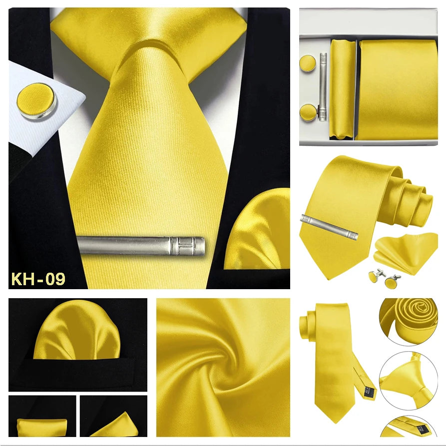 Yellow satin men's formal accessory set including a necktie, pocket square, matching tie clip, cufflinks, and a tie belt, shown in multiple product views on a black and white background.