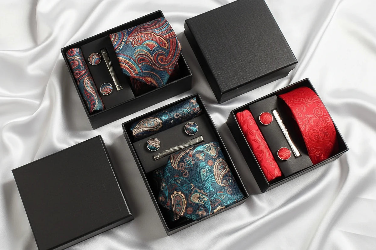 Set of paisley patterned tie, pocket square, cufflinks, and tie clip in a black box.