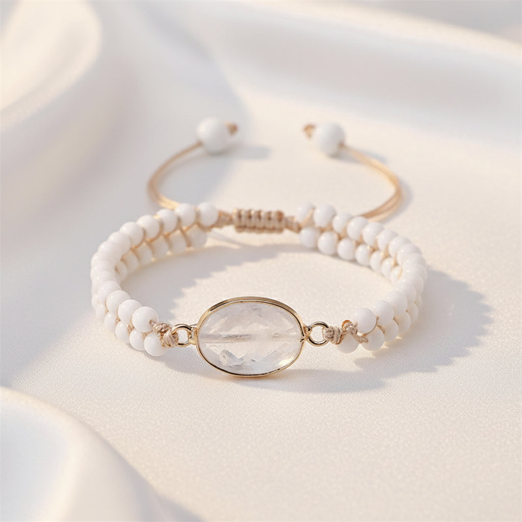 A beaded bracelet with white round beads, a central clear oval stone in a gold-tone bezel, and an adjustable open cuff with white beads and a gold-tone band, shown on a dark textured surface.