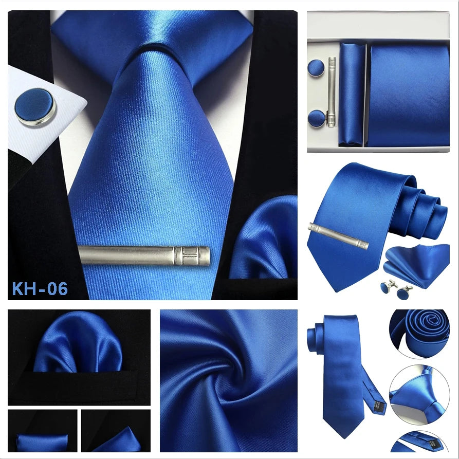 A men's formal accessory set in royal blue satin, including a necktie, matching pocket square, tie bar, cufflinks, and a watch strap, shown in multiple product views on a black and white collage background.