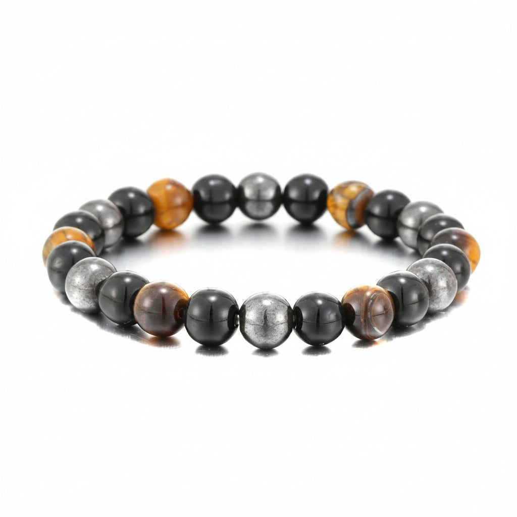 A beaded stretch bracelet made of alternating black, silver, and tiger-eye brown beads, displayed on a white background with a 8mm size indicator and weight of 20.5g.
