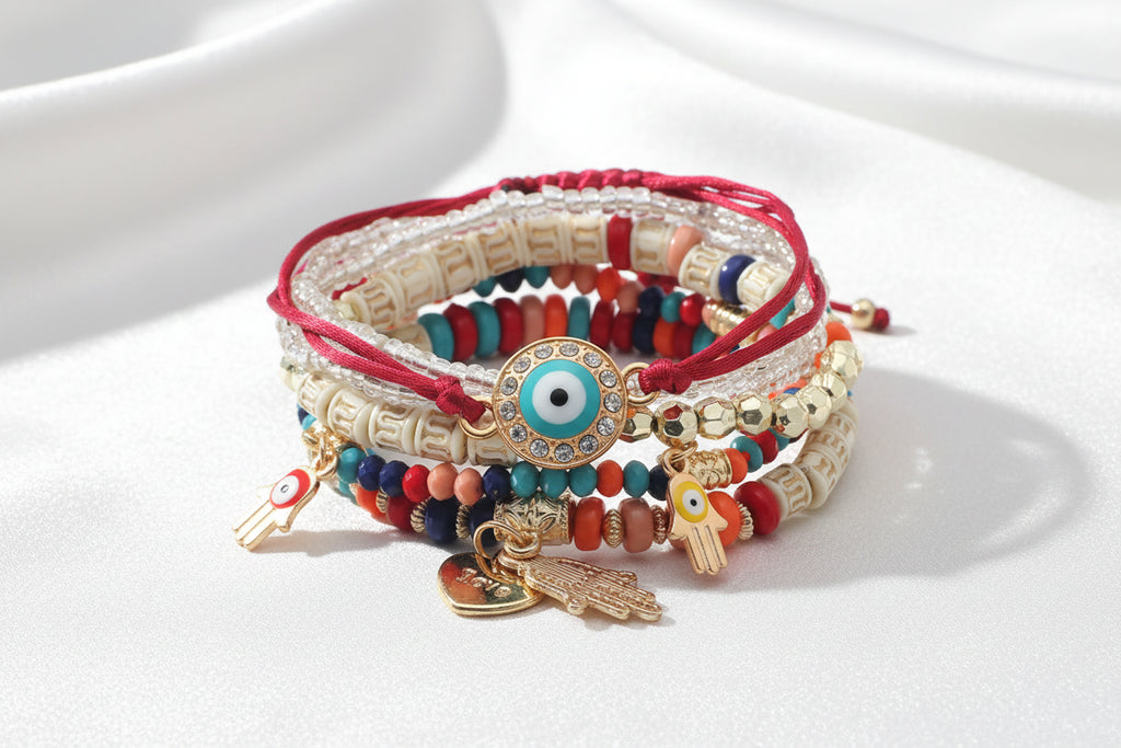 Stack of colorful beaded bracelets with evil eye charms on a white background
