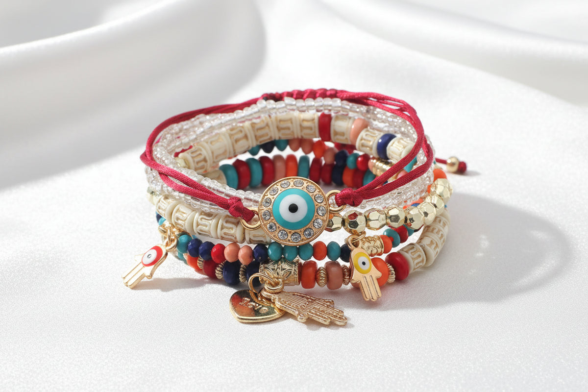 Stack of colorful beaded bracelets with evil eye charms on a white background