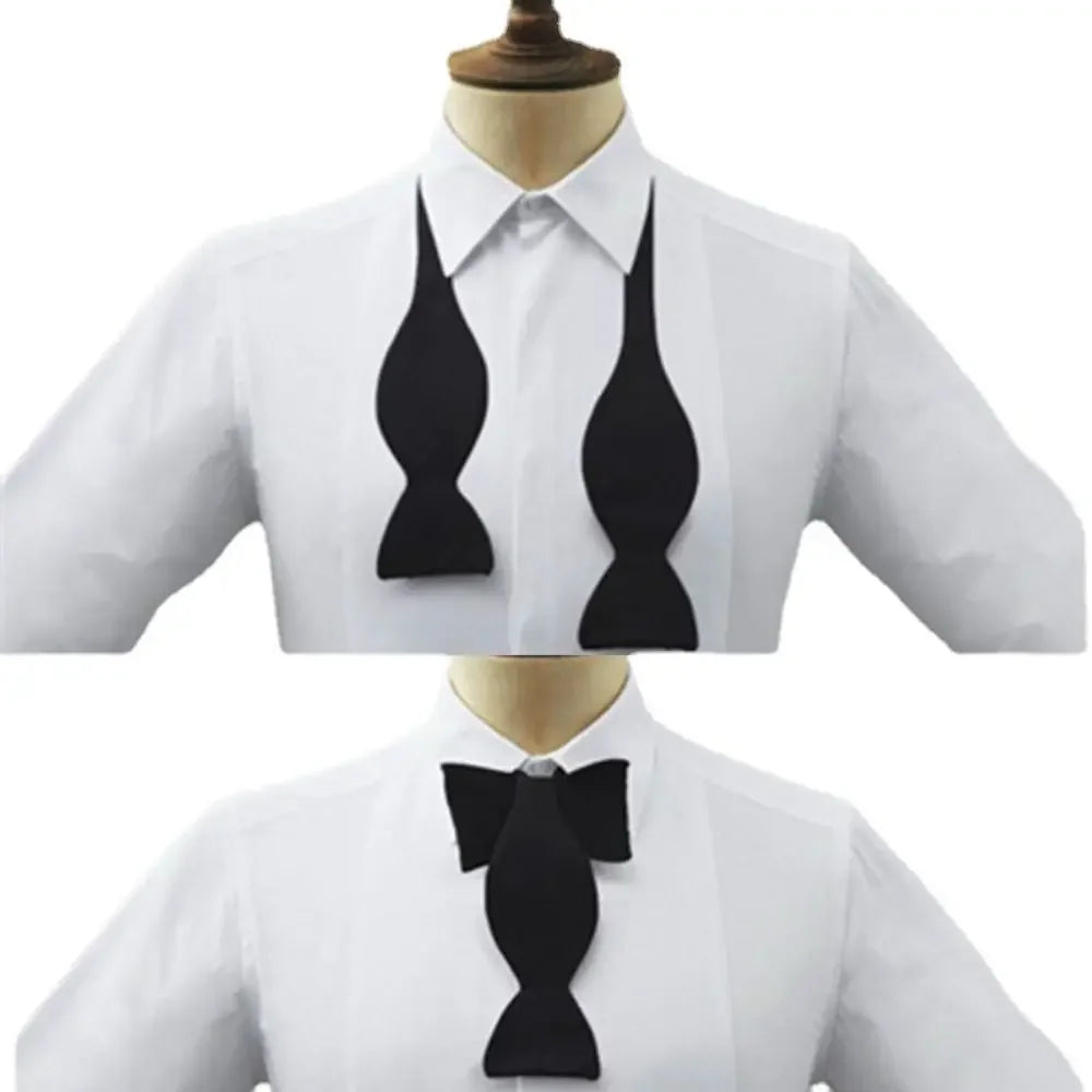 A black bow tie displayed on a white dress shirt mannequin torso, shown in two stacked views against a plain white background.