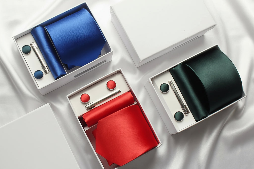 Collection of neckties and accessories in open boxes on a white surface