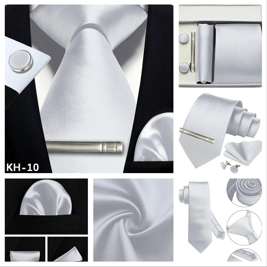 A multi-view product collage of a white satin men's formal accessory set, including a tie, pocket square, tie bar, and cufflinks, shown on a black suit jacket and in a box. The set is labeled KH-10.