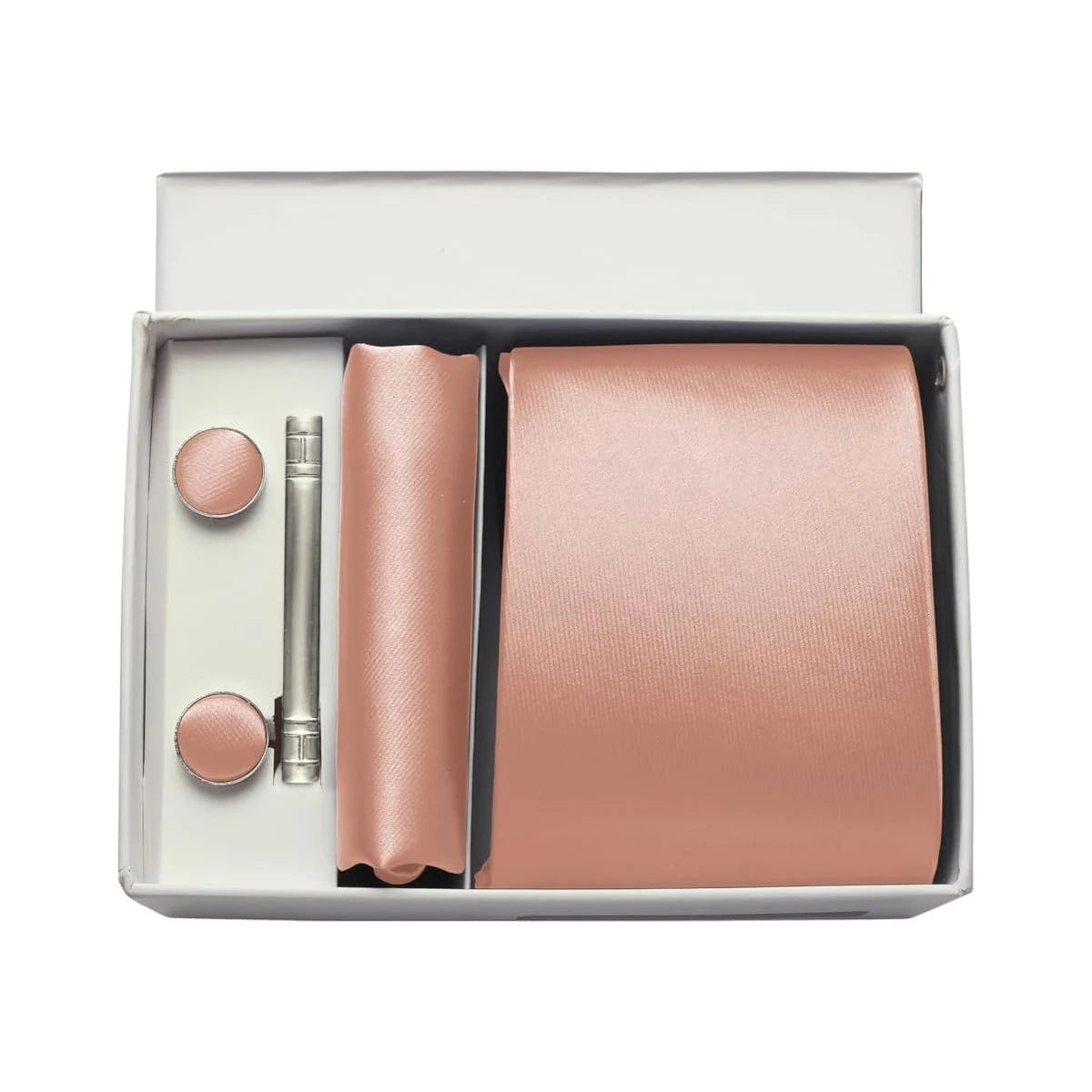 pink tie cufflinks and silver clip in white gift box