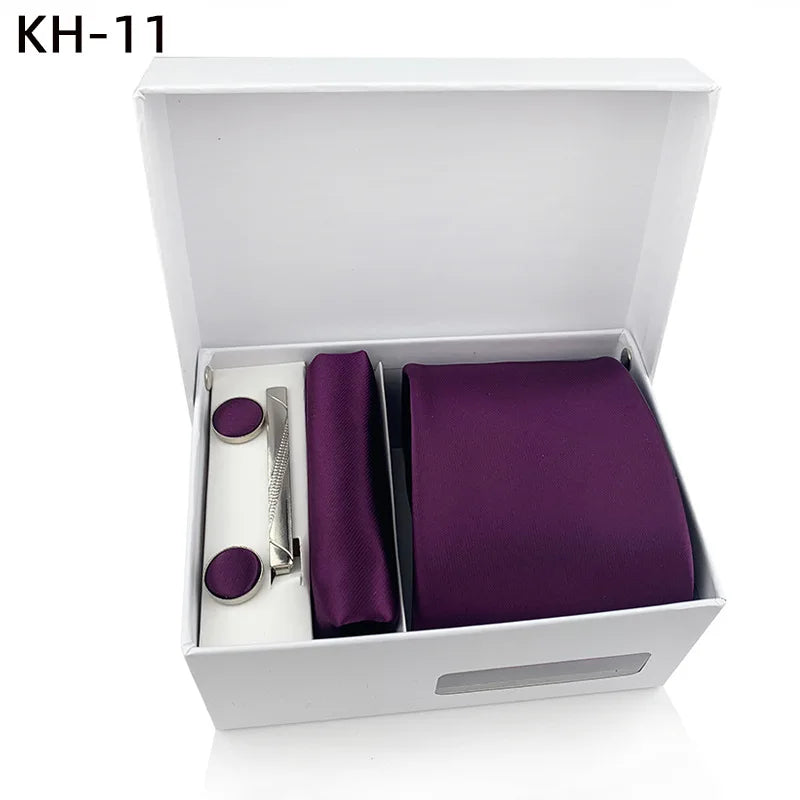 Purple tie set with clip and cufflinks in a white box, labeled KH-11.