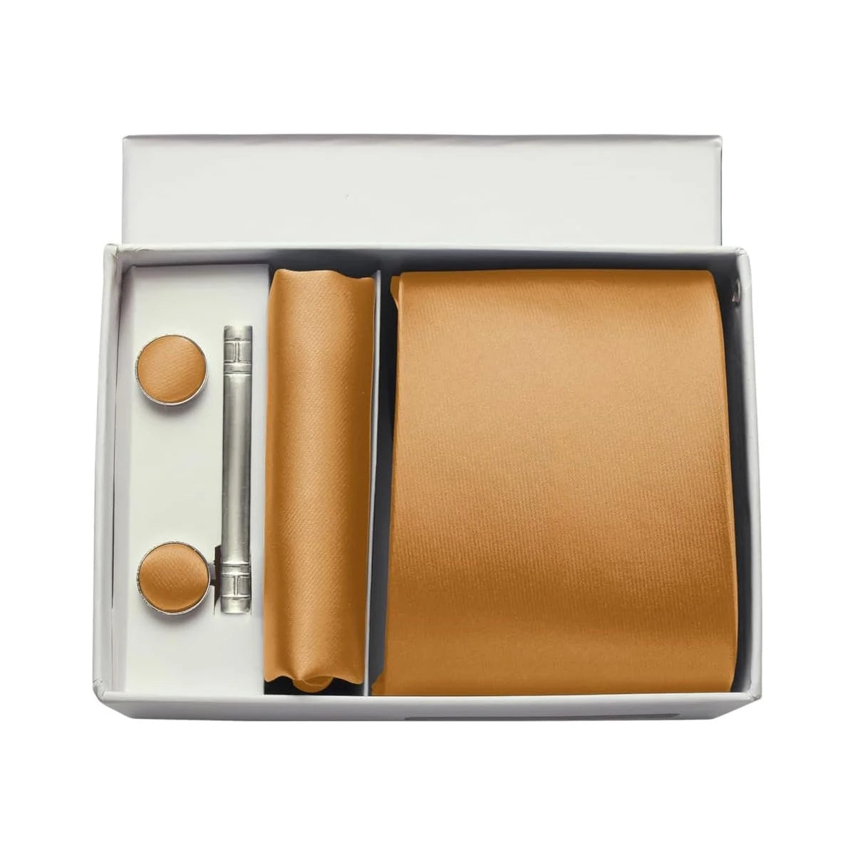 Brown tie set with cufflinks and a tie clip in a white box on a white background