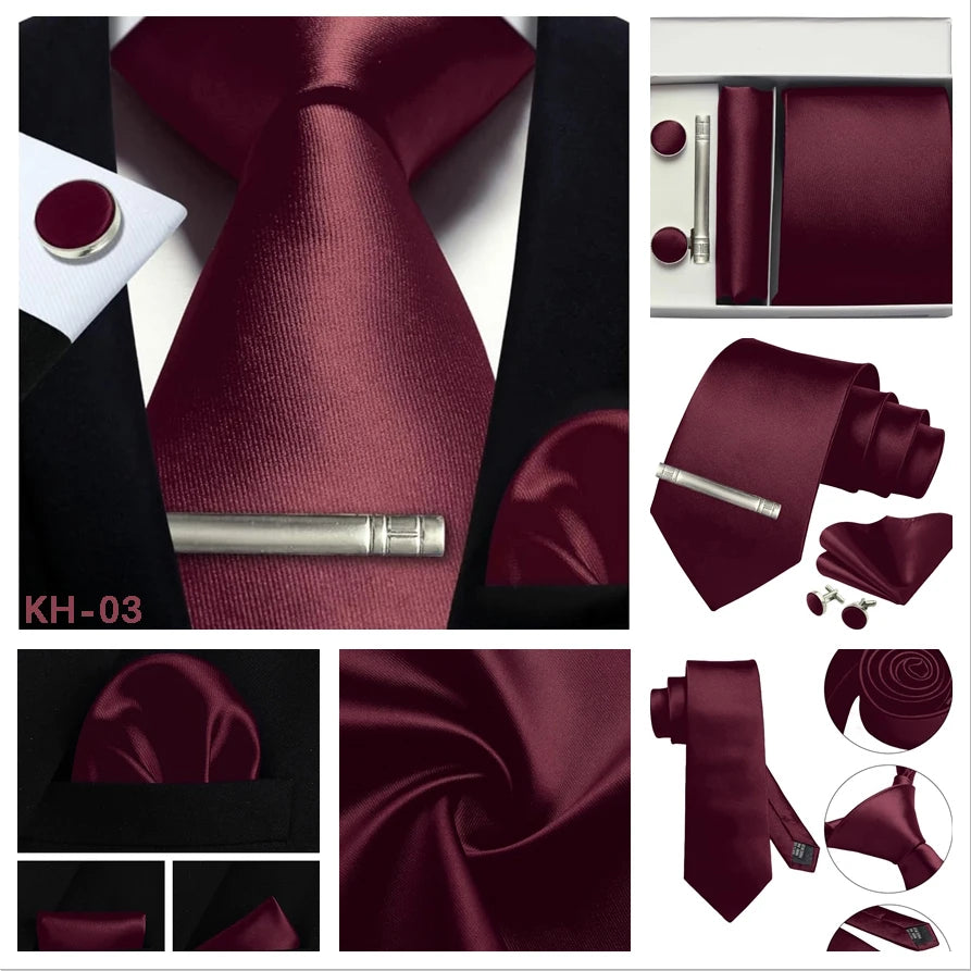 A men's formal accessory set in deep burgundy, including a necktie, pocket square, matching tie clip, cufflinks, and a folded tie box, shown in a collage layout with close-up detail panels.