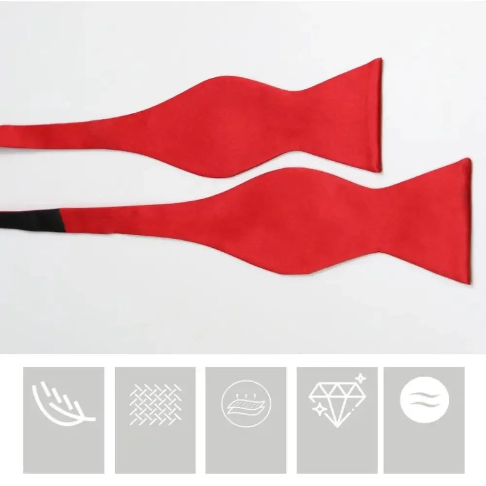 Two red bow ties displayed on a light gray background, with five small material/feature icons aligned along the bottom.